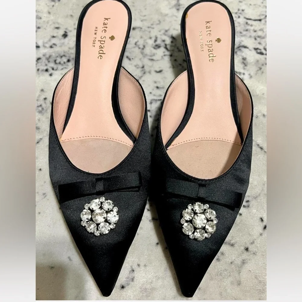 NEW Kate Spade Darlene Black Satin Jewelled Bow Kitten Heel Slide Mules 7.5